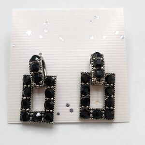 Rhinestone Silver Tone Black Rectangle Dangle Earrings Pierced Post 1" Drop